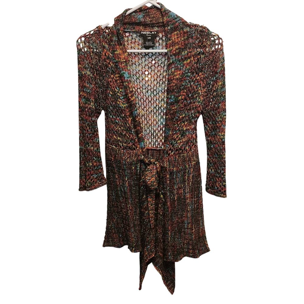 Neslay Paris Open Knit Rainbow Multicolored Confetti Front tie Cardigan Size S/M